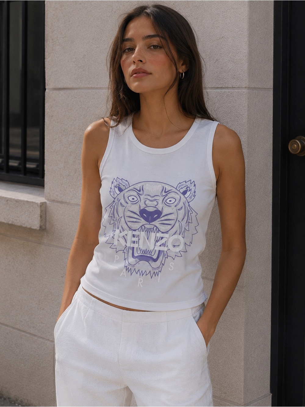Kenzo White Tank with Lavender Tiger Graphic